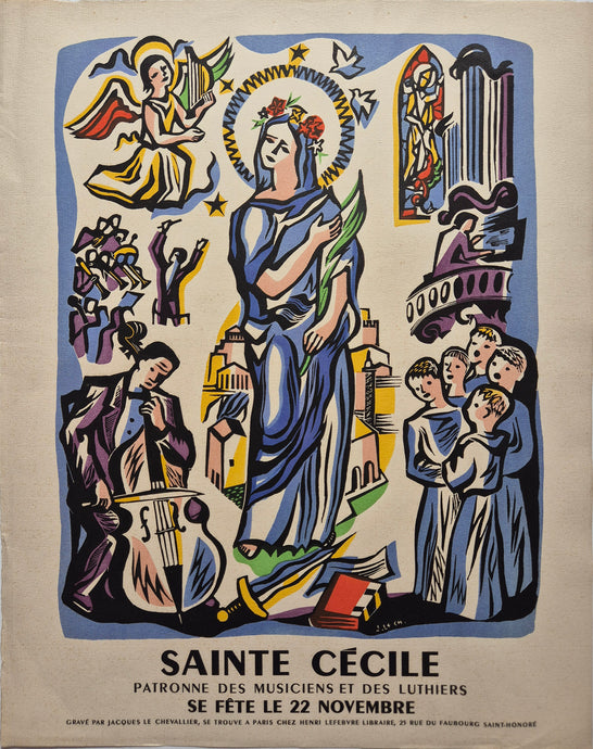 Jean CHIEZE - Sainte Cécile, patronne des musiciens et des luthiers. 1940. Bois gravé, colorié au pochoir.