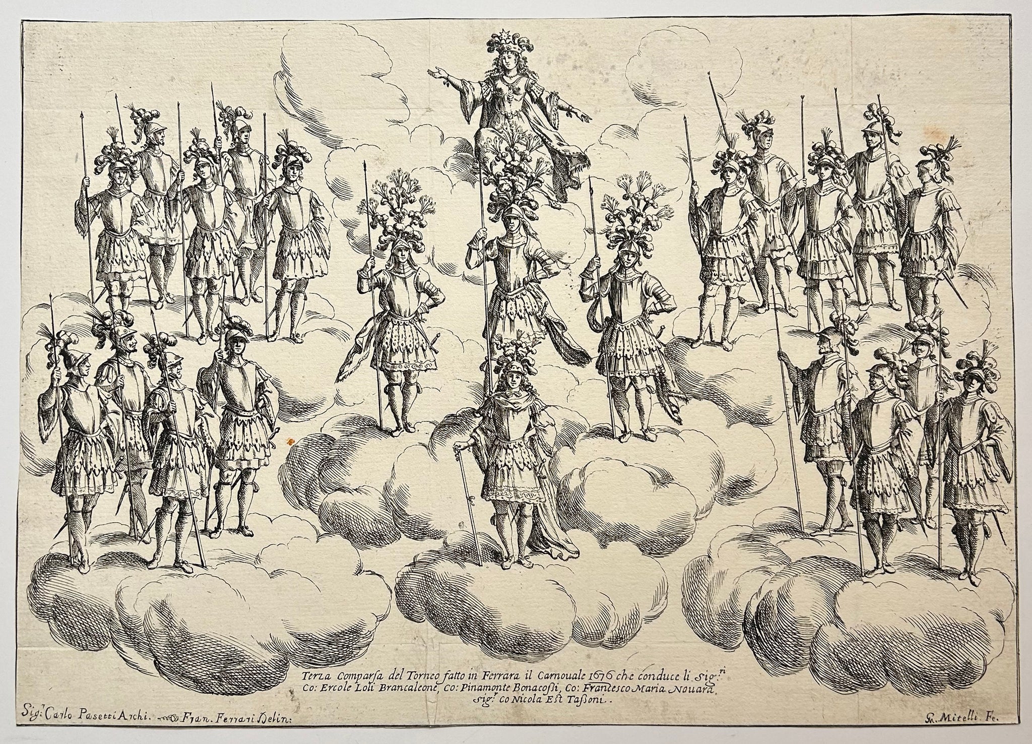 Giuseppe MITELLI - Terza comparsa del Torneo fatto in Ferrara il Carnouale 1676 che conduce li Sig. Co: Ercole Loli Brancalcone, Co: Pinamonte Bonacossi, Co: Francesco Maria Nouara, SigR. Co Nicola Est Tassoni.  1676. Eau-forte d'après Francesco Ferrari (Italie 1634 † 1708). 