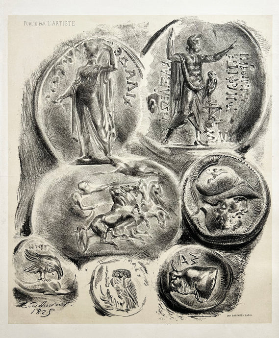 Eugène DELACROIX - Feuille de sept médailles antiques.  1825. Lithographie originale. 