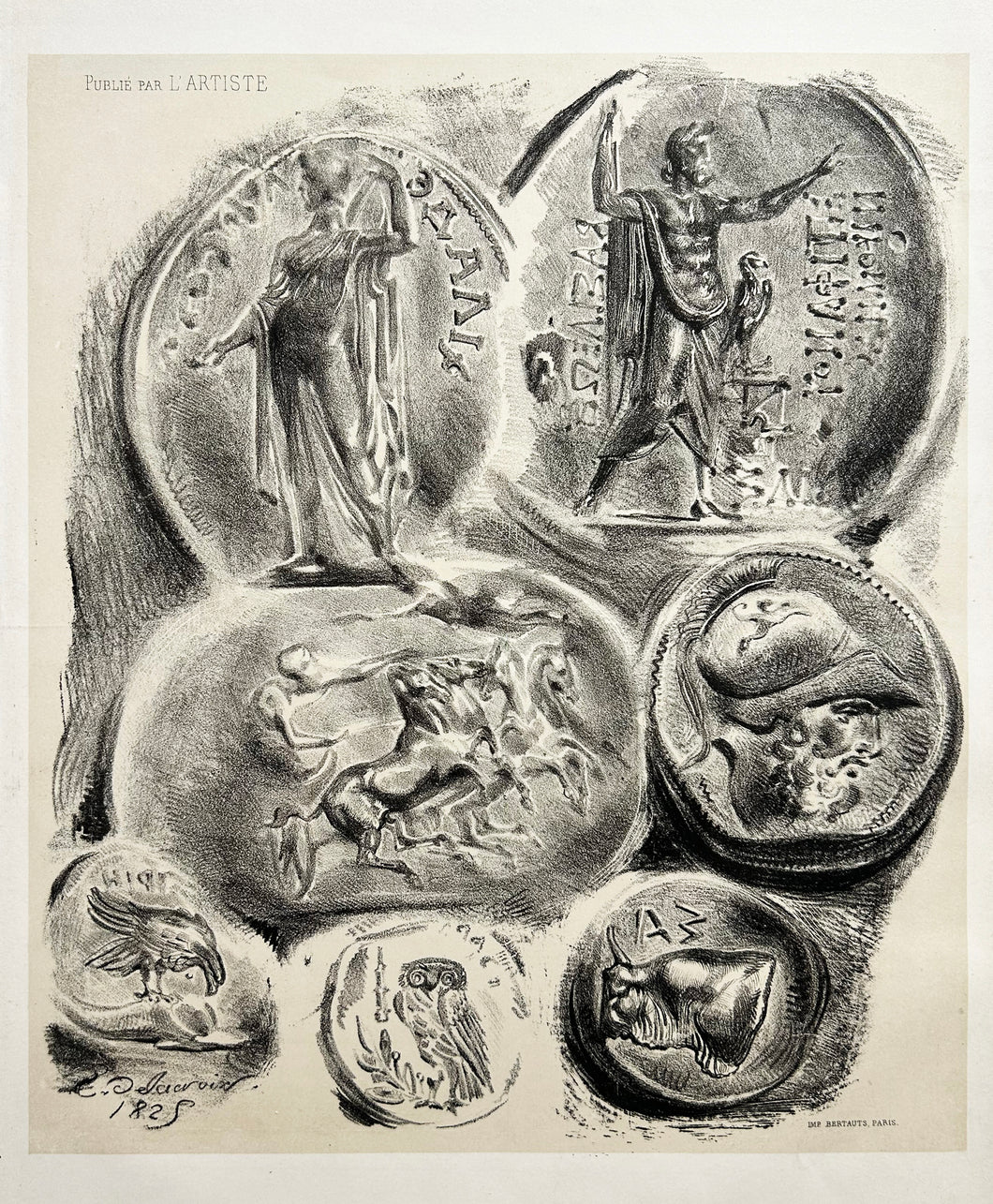 Eugène DELACROIX - Feuille de sept médailles antiques.  1825. Lithographie originale. 