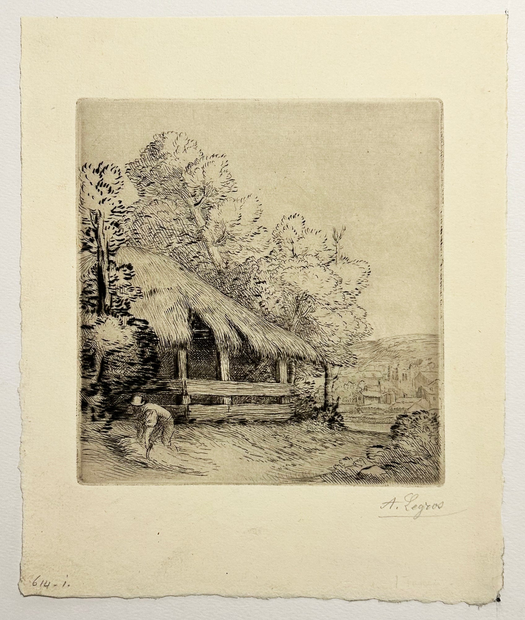 Alphonse LEGROS - Le petit hangar. Eau-forte originale, signée. 