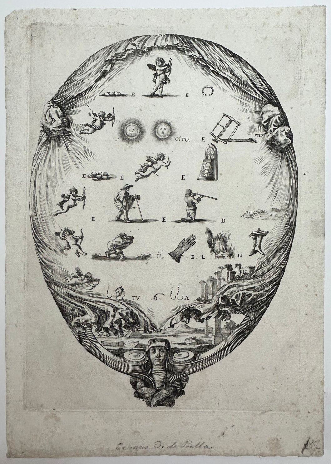 Un écran de forme ovale, contenant des rébus italiens sur l'Amour.  1639.