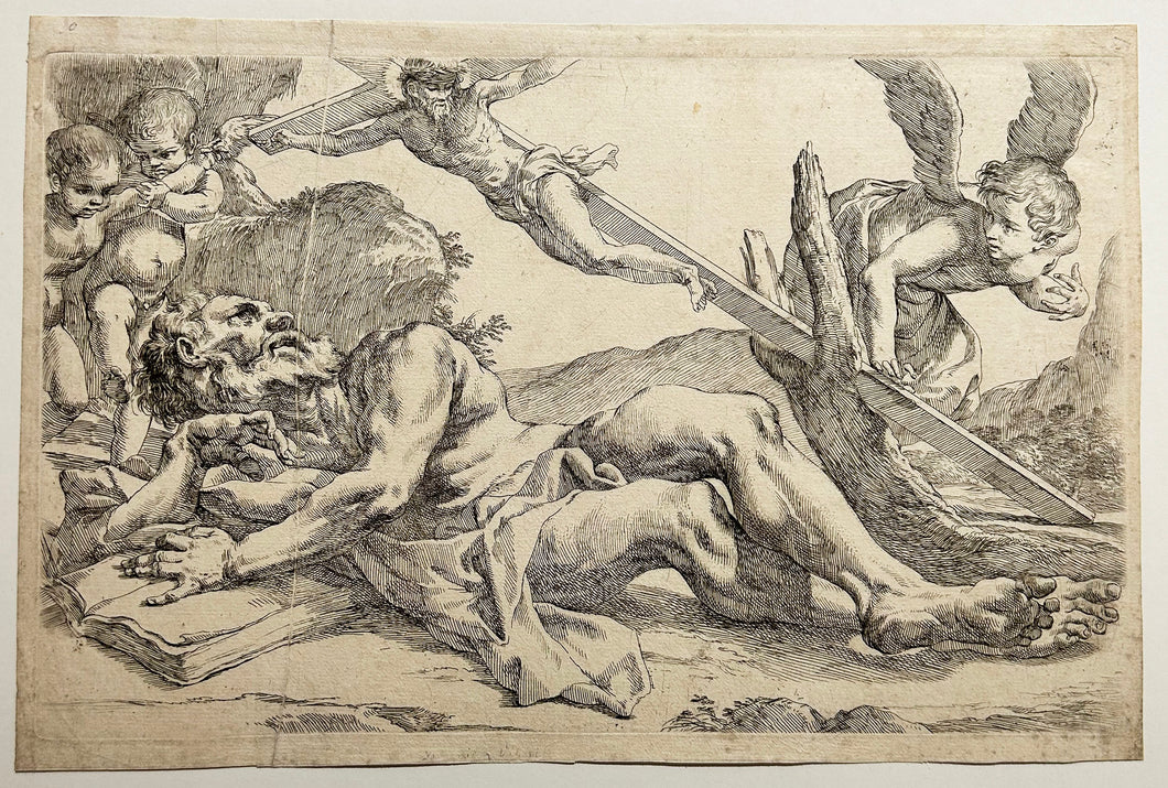 Saint Jérôme ayant une vision du Christ sur la croix. Gravure anonyme italienne. 