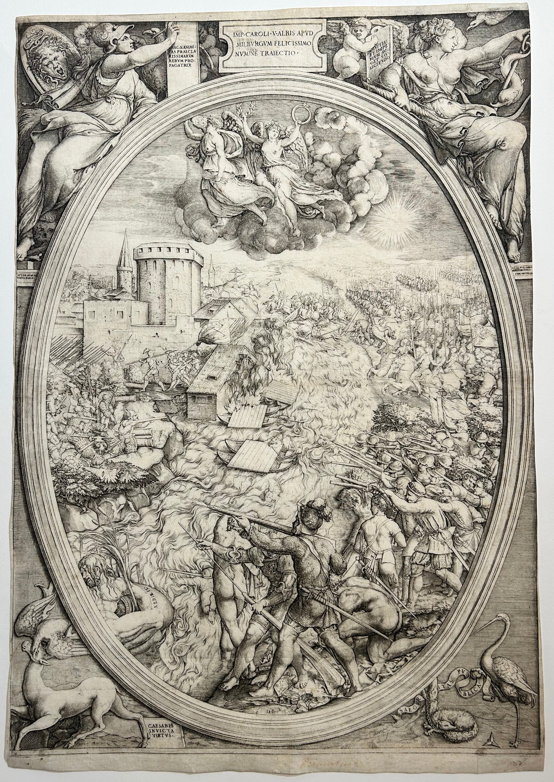 Enea VICO - La bataille de Mühlberg, avec l'armée de Charles Quint traversant l'Elbe.  1551. Gravure à l'eau-forte et au burin d'après Giovanni Battista Scultori (Mantoue 1503 † 1575) et Battista Franco (Venise c.1510 † 1561). 