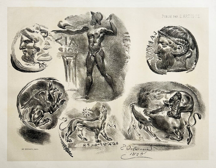 Eugène DELACROIX - Feuille de six médailles antiques.  1825. Lithographie originale. 