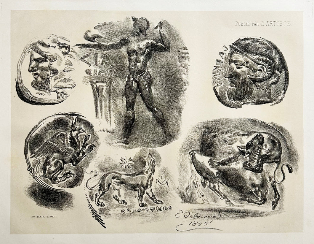 Eugène DELACROIX - Feuille de six médailles antiques.  1825. Lithographie originale. 