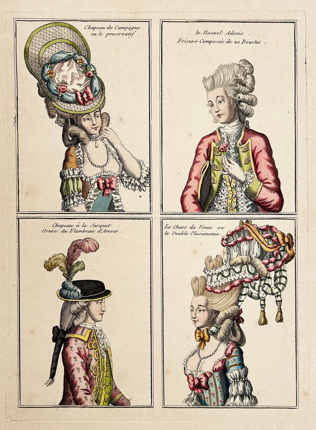 Ensemble de 4 coiffures féminines, chapeaux à rubans, fleurs et plumes colorées.  c.1776.