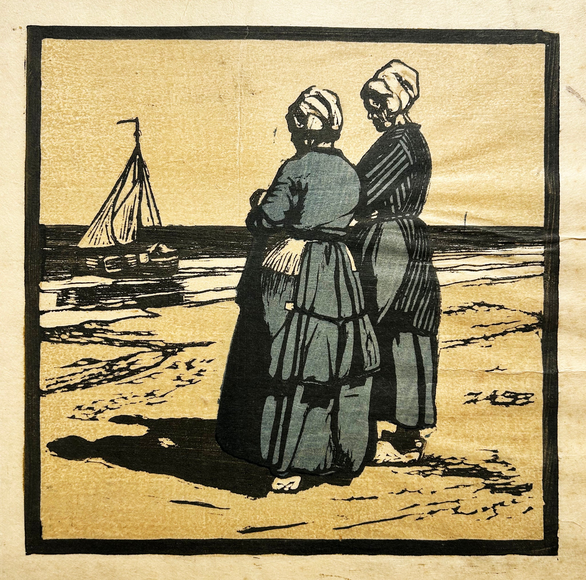 Dans l'esprit de MOSER - [Deux bretonnes sur la plage]. Bois gravé