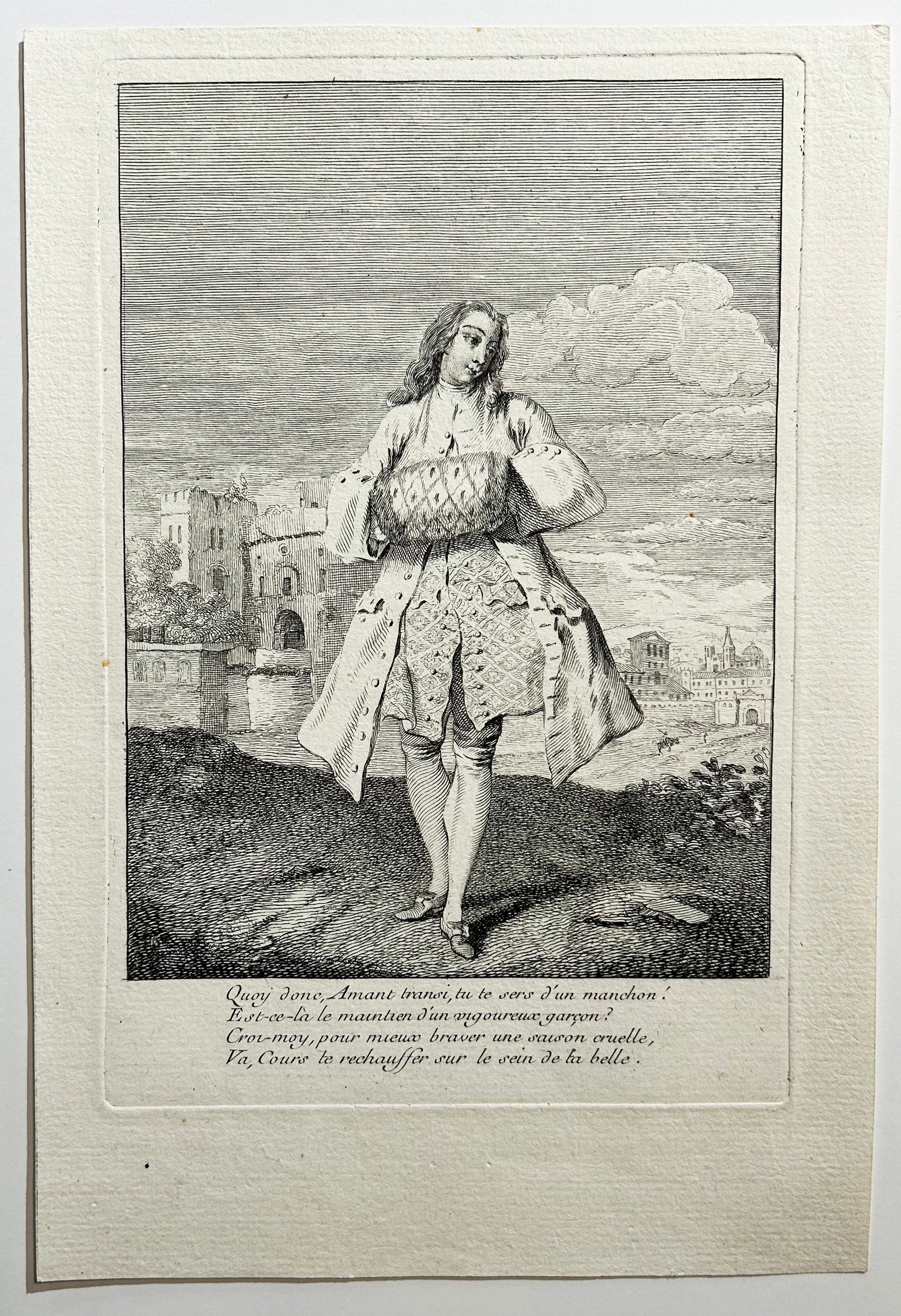 Anonyme français du 18ème - Quoy donc, Amant transi, tu te sers d'un manchon ! Gravure à l'eau-forte et au burin.