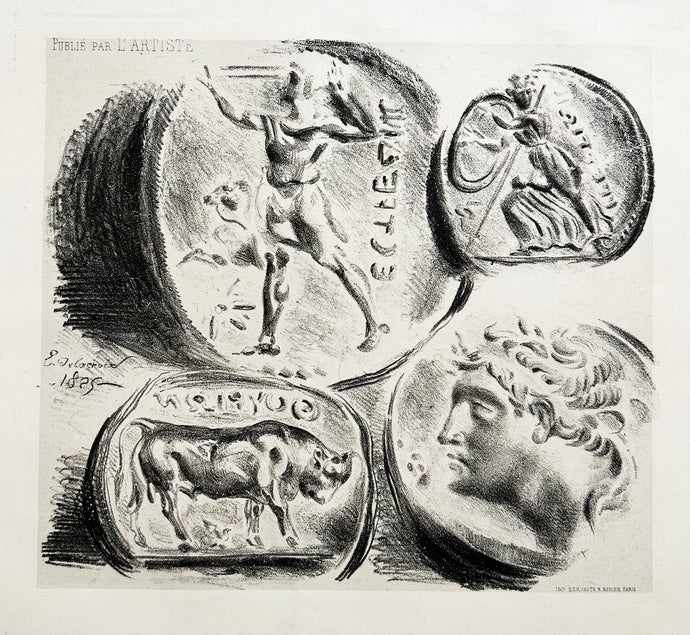 Eugène DELACROIX - Feuille de quatre médailles antiques.  1825. Lithographie originale. 