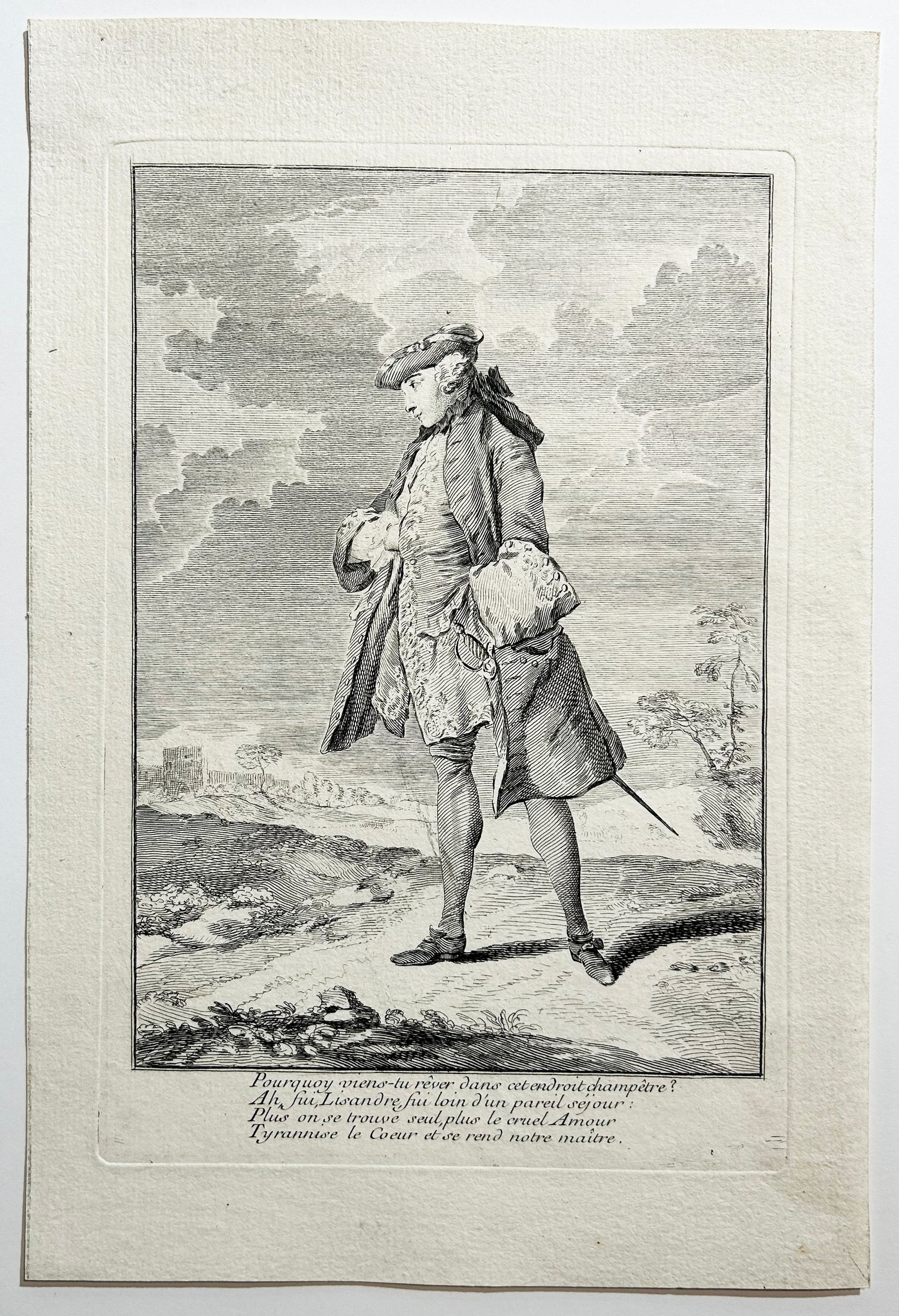 Anonyme français du 18ème - Pourquoy viens-tu rêver dans cet endroit champêtre? Gravure à l'eau-forte et au burin. 