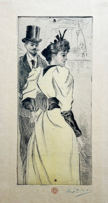 Eugène DELÂTRE - Sur les boulevards. 1893. Pointe sèche en couleurs, signée. 
