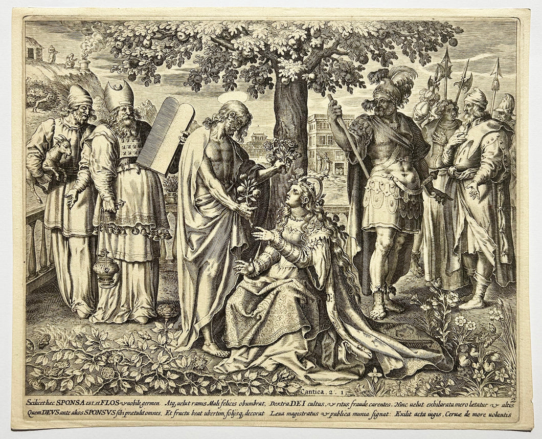 D'après Johannes SADELER L'épouse du Seigneur assise sous un arbre; il lui offre des bouquets de fleurs.  1590. Gravure