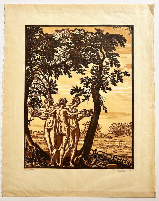Jacques BELTRAND - Les trois Grâces. 1927. Bois gravé, imprimé en camaïeu. Signé.