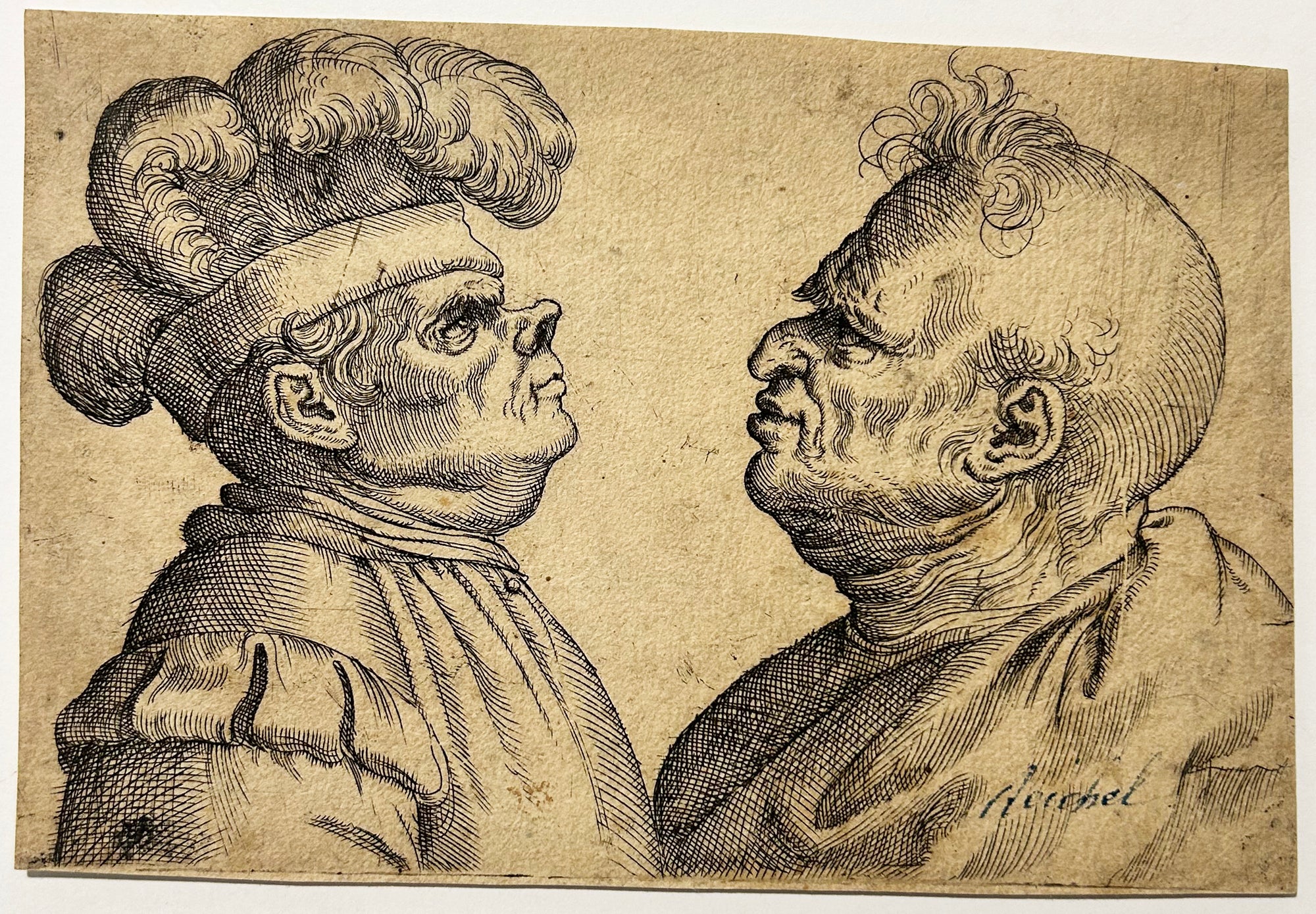 D'après Léonardo Da Vinci - Deux visages d'homme déformés.  Eau-forte et burin. 