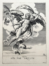 Charger l&#39;image dans la galerie, D&#39;après Cherubino ALBERTI - Génie ailé tenant une palme de la main droite. Non sine virtute.  XVIIème. Gravure.
