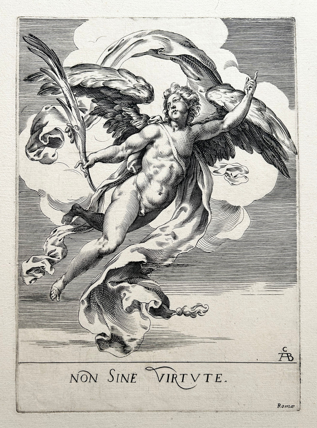 D'après Cherubino ALBERTI - Génie ailé tenant une palme de la main droite. Non sine virtute.  XVIIème. Gravure.