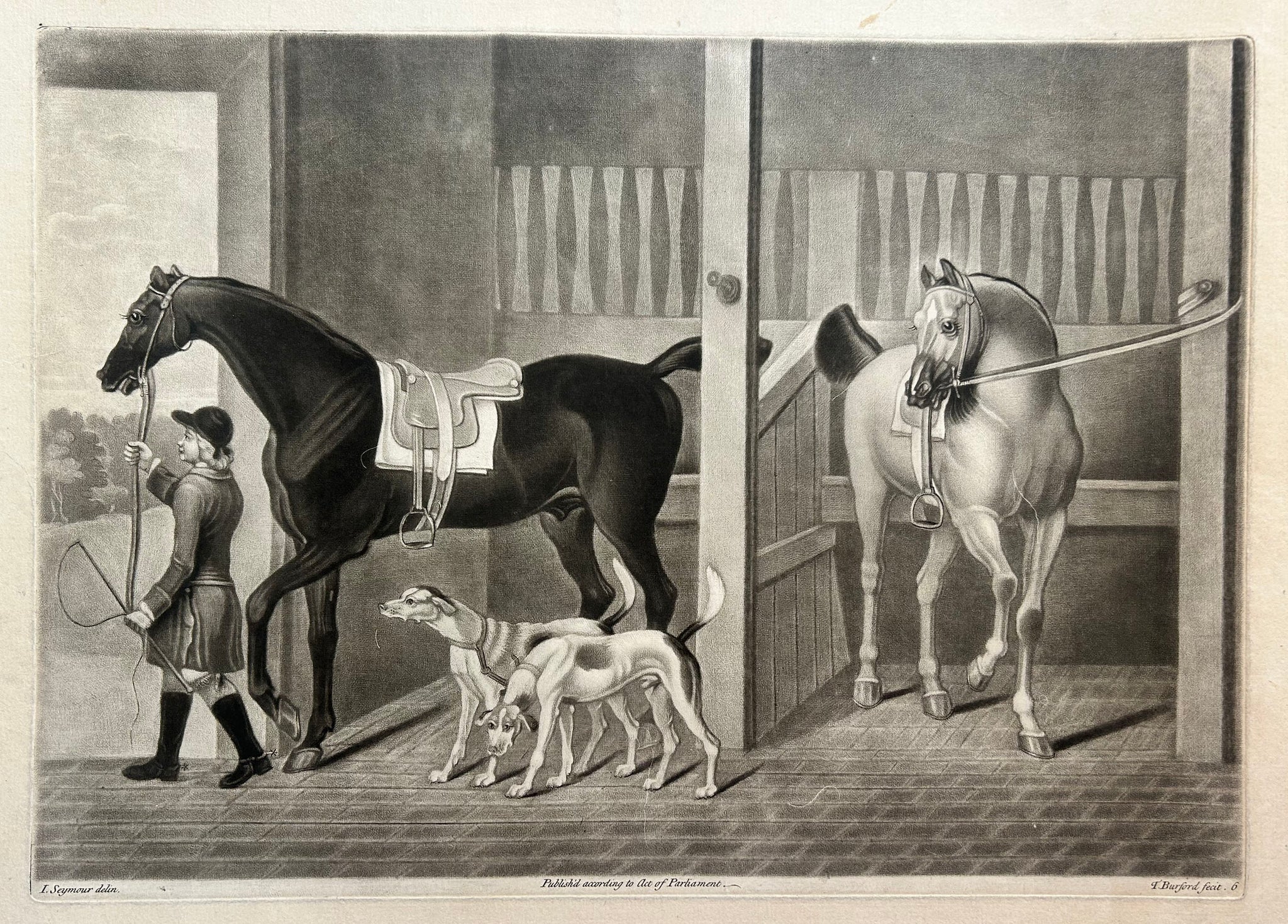 Thomas BURFORD - [Deux chevaux dans un box]. c.1752. Manière noire d'après James Seymour (Londres 1702 † 1752). 