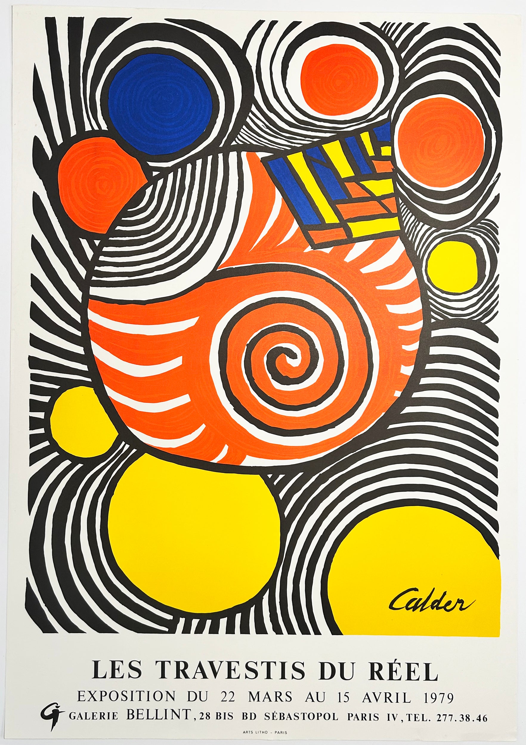 Alexander CALDER - Les Travestis du réel. Affiche pour l'Exposition à la Galerie Bellint du 22 mars au 15 avril 1979, à Paris.  Affiche lithographique, imprimée en couleurs.