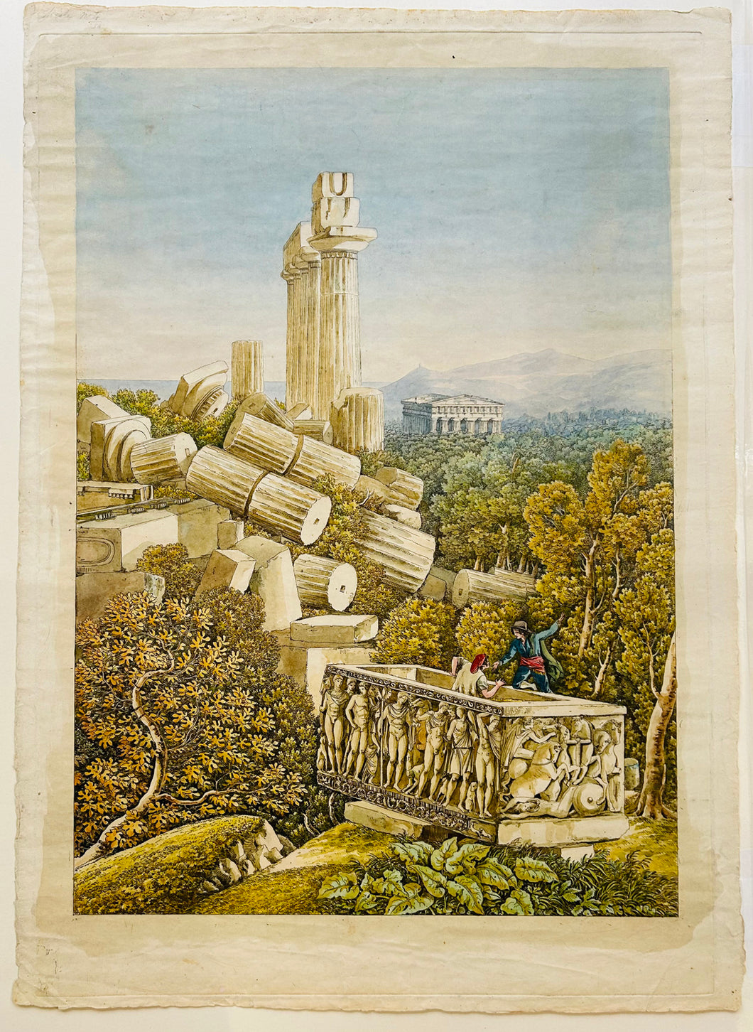 [Vue d'une partie des ruines du Temple de Junon et d'un Sarcophage antique, à Agrigente].  c.1804.