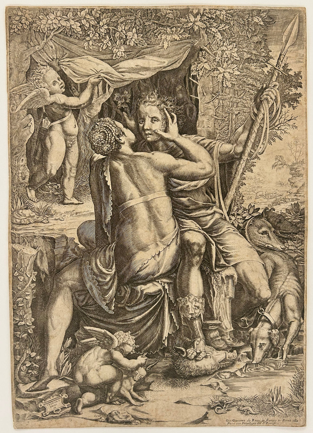 Vénus embrassant Adonis au retour de la chasse.  c.1570.