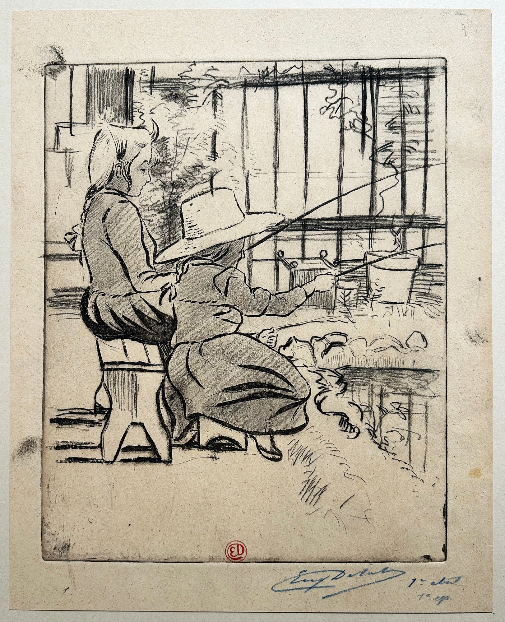 Eugène DELÂTRE - [Deux petites filles pêchant]. Vers 1900. Aquatinte originale, signée. 