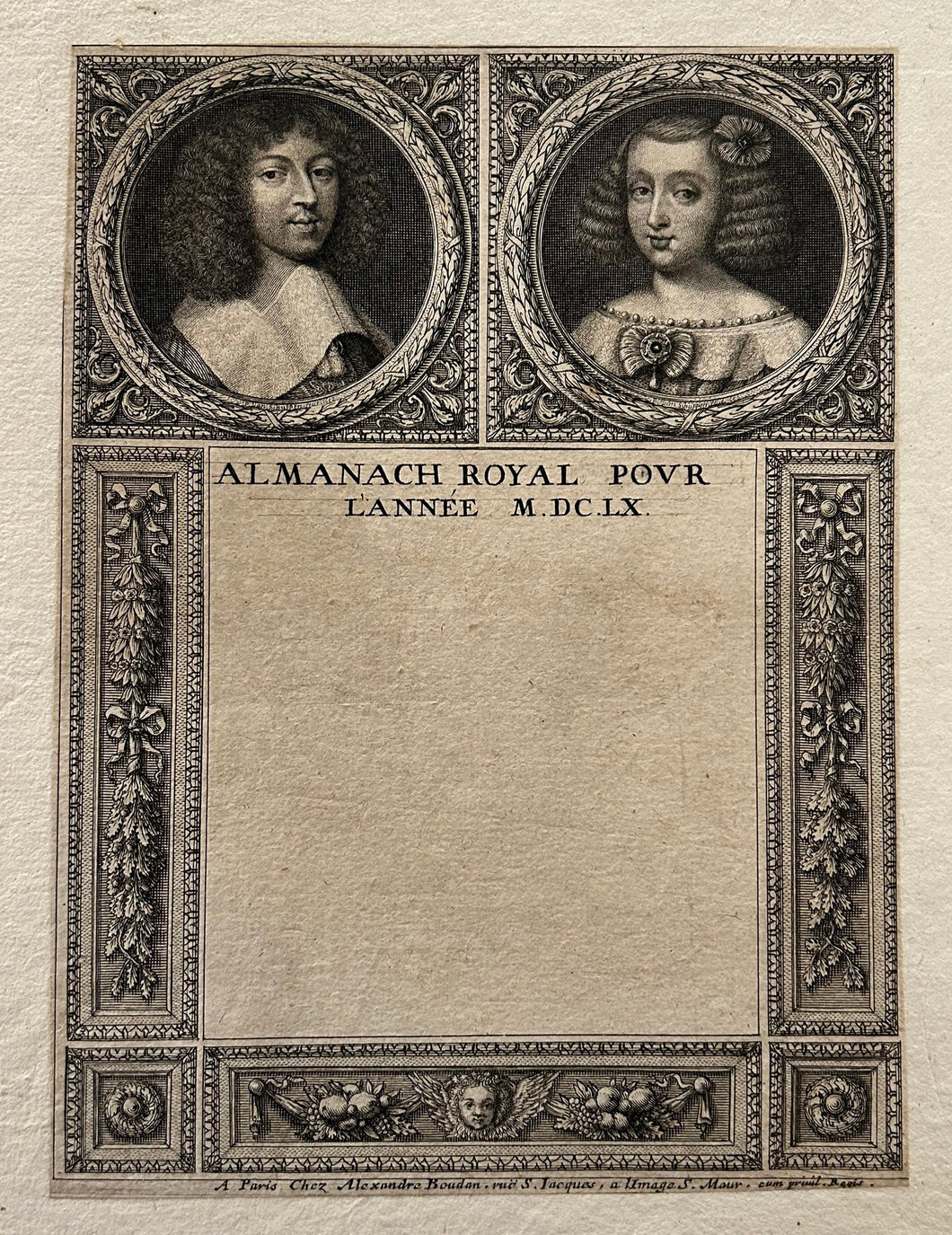 Deux médaillons avec les portraits de Philip Ier, duc d'Orléans et de sa première femme Henrietta Anne Stuart. [Almanach royal pour l'année M.DC.LX] (1660).