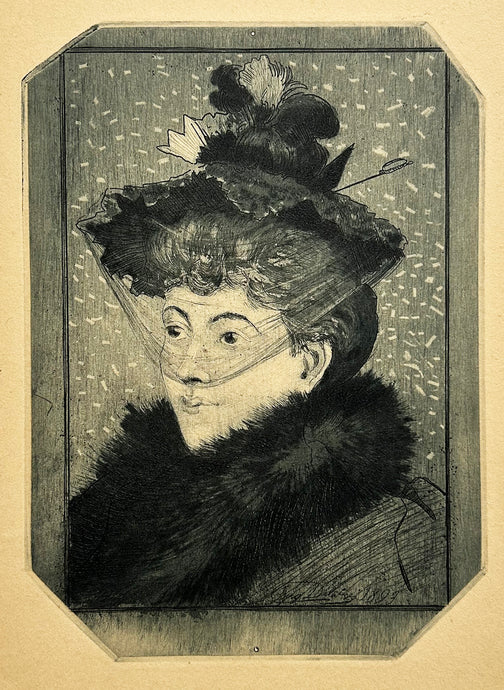 Eugène DELÂTRE - Femme à la voilette, dit aussi La Parisienne. 1893. Gravure originale en couleurs.
