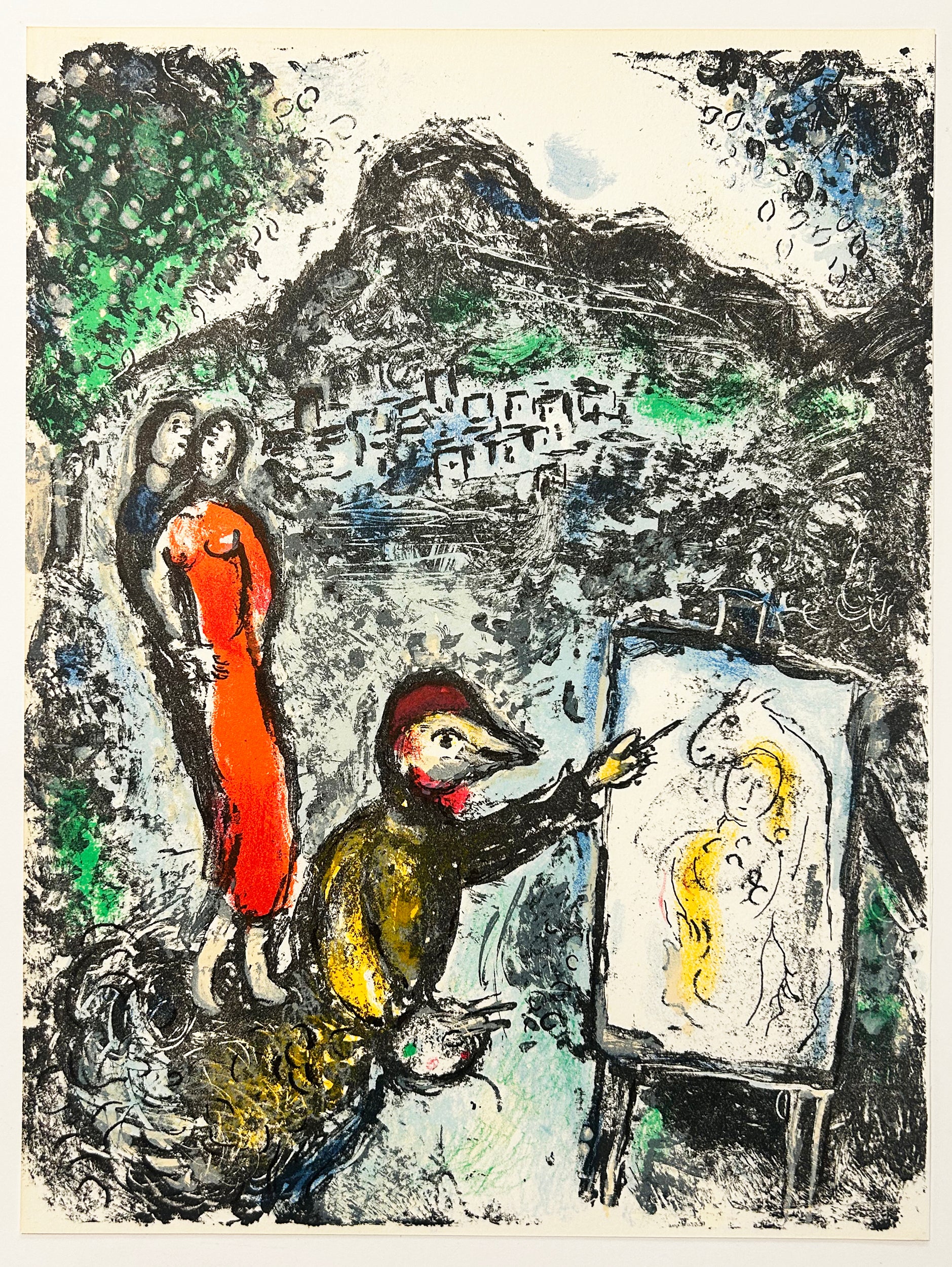 Marc CHAGALL - Couple et artiste devant Saint Jeannet. 1972. Lithographie originale, imprimée en couleurs. 
