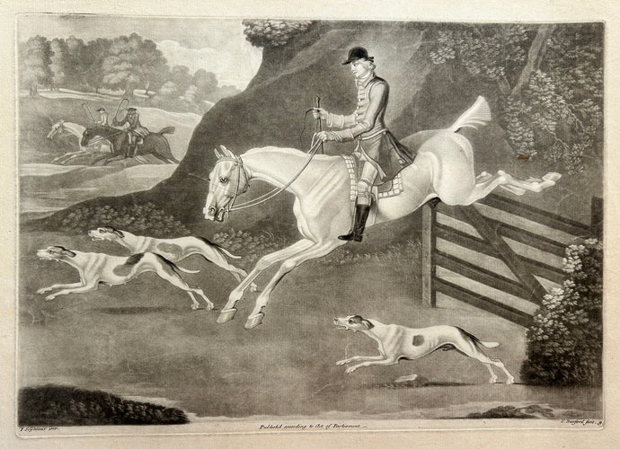 Thomas BURFORD - [Cavalier franchissant une barrière, chasse à courre]. c.1752. Manière noire d'après James Seymour (Londres 1702 † 1752). 