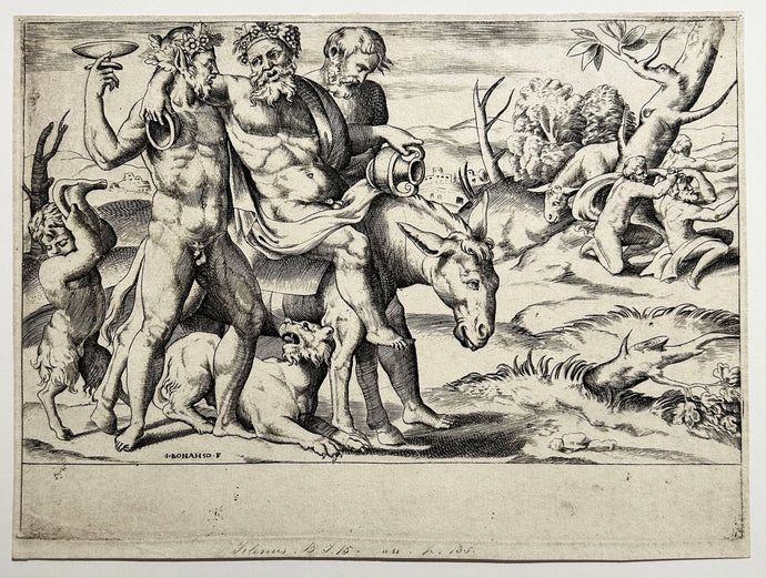 Giulio BONASONE - Silène monté sur un âne, se soutenant de chaque côté sur un Faune. Burin d'après Agostino Veneziano. 