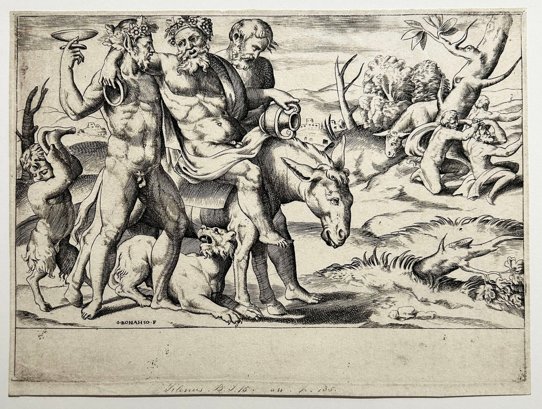Giulio BONASONE - Silène monté sur un âne, se soutenant de chaque côté sur un Faune. Burin d'après Agostino Veneziano. 