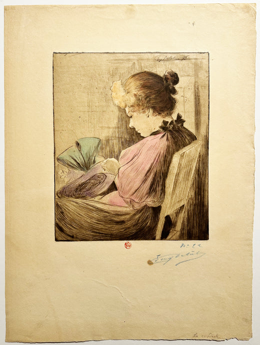 Eugène DELÂTRE - La modiste. 1895. Gravure originale à l'eau-forte et à l'aquatinte, signée. 