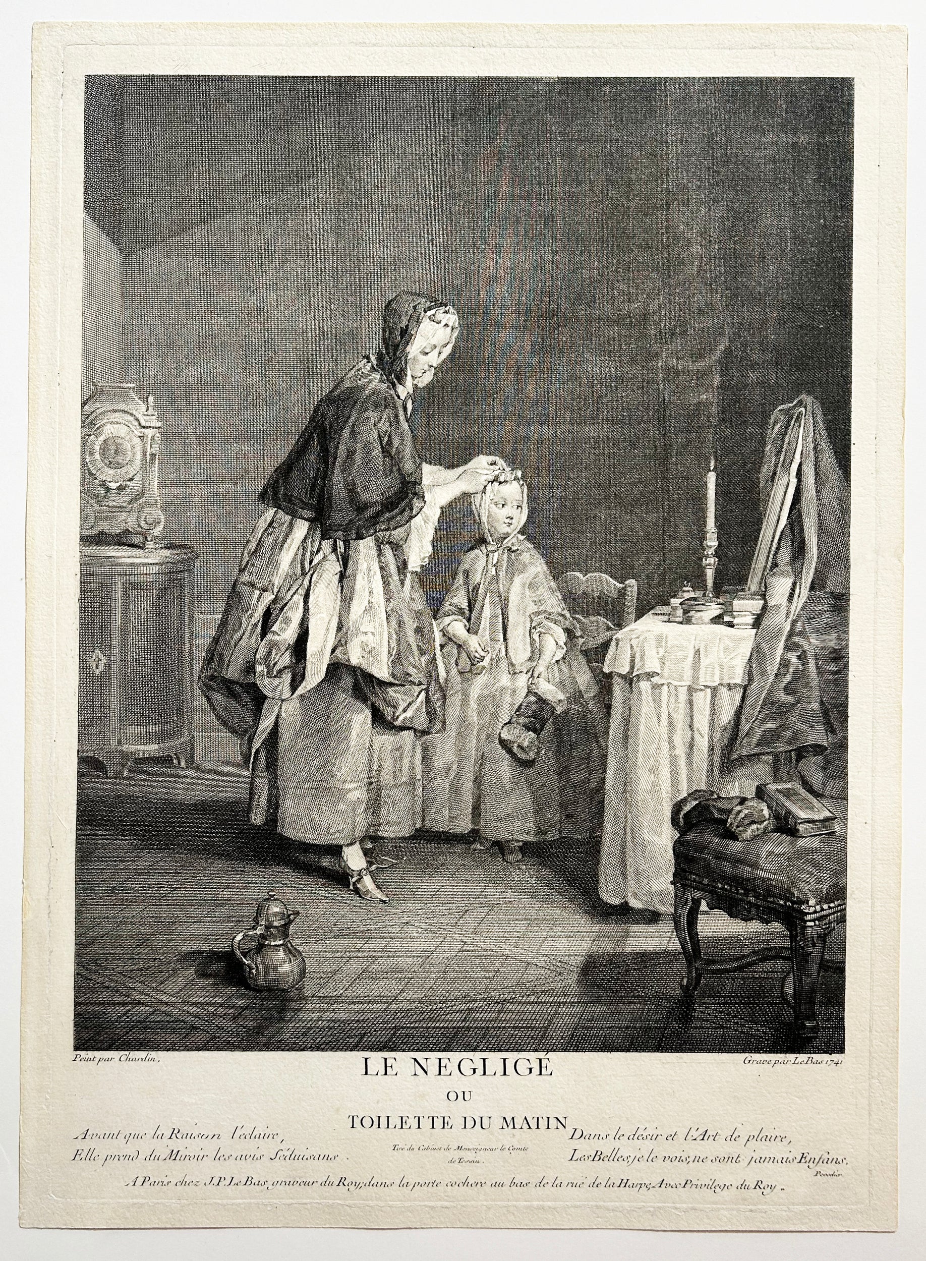 D'après Jean Siméon CHARDIN - Le négligé ou Toilette du matin.  1741. Gravure à l'eau-forte et au burin par Jacques Philippe Le Bas (Paris 1707 † 1783)