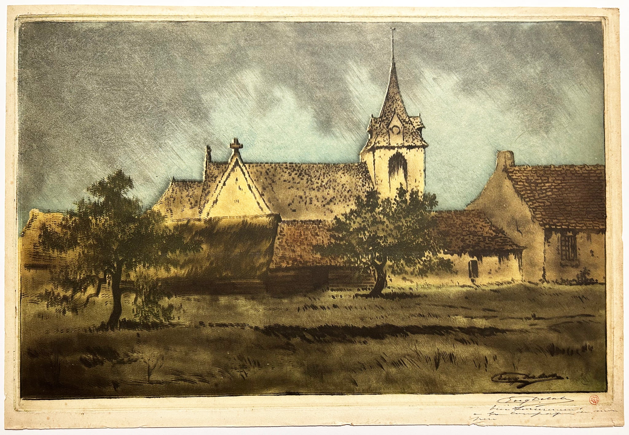 Eugène DELÂTRE - [Église sous la pluie]. Vers 1900. Gravure originale imprimée en couleurs, signée par l'artiste. 