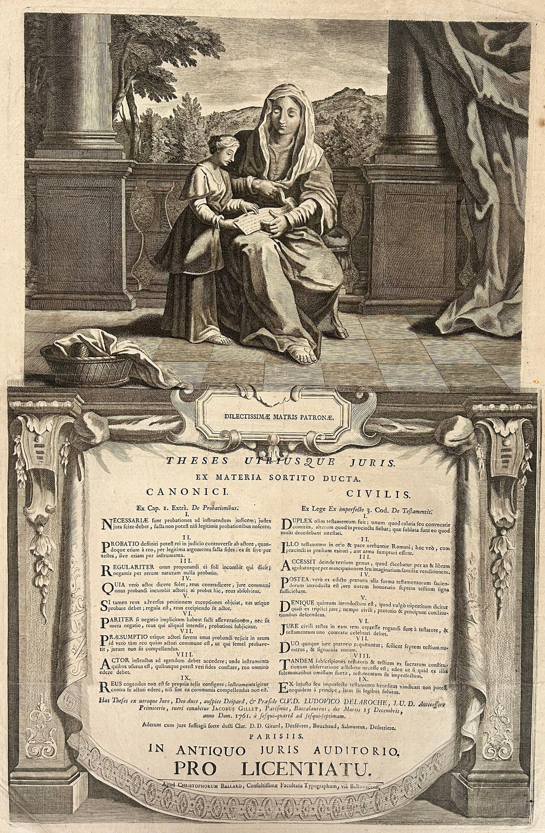 Theses utriusque juris. [Thèse de doctorat de la Faculté de droit de Paris de Jacques Gillet].  1761.