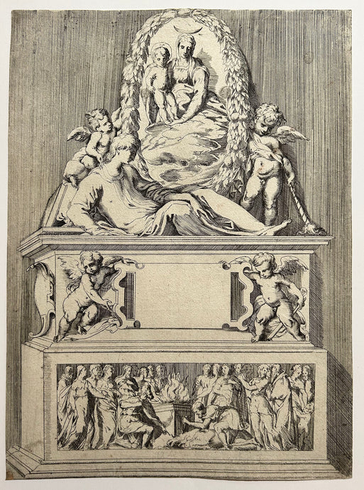 Angelo FALCONETTO - Tombe surmontée d'une Vierge à l'enfant dans une couronne ovale. 1555-1565. Eau-forte d'après Le Parmesan. 