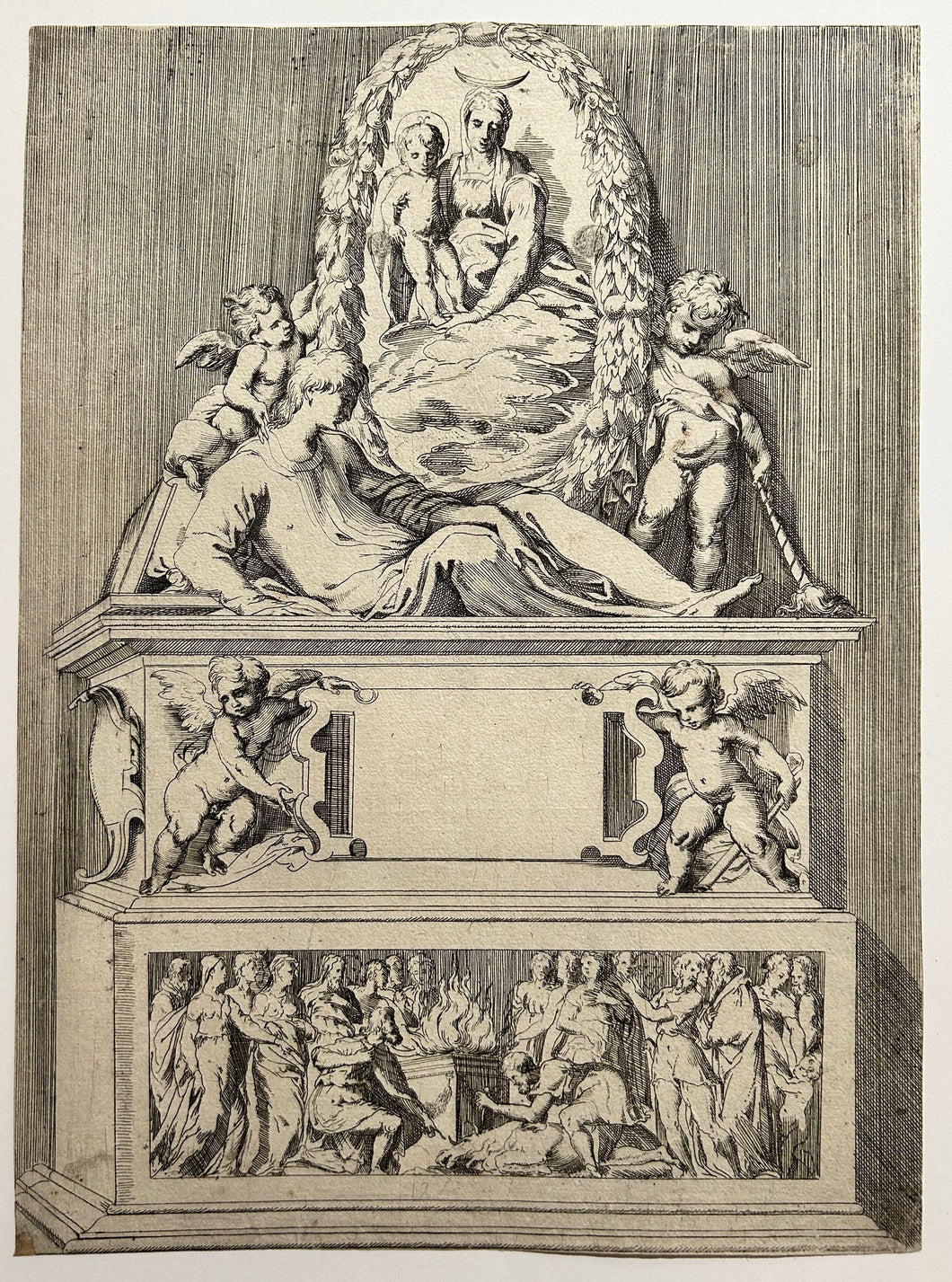 Angelo FALCONETTO - Tombe surmontée d'une Vierge à l'enfant dans une couronne ovale. 1555-1565. Eau-forte d'après Le Parmesan. 