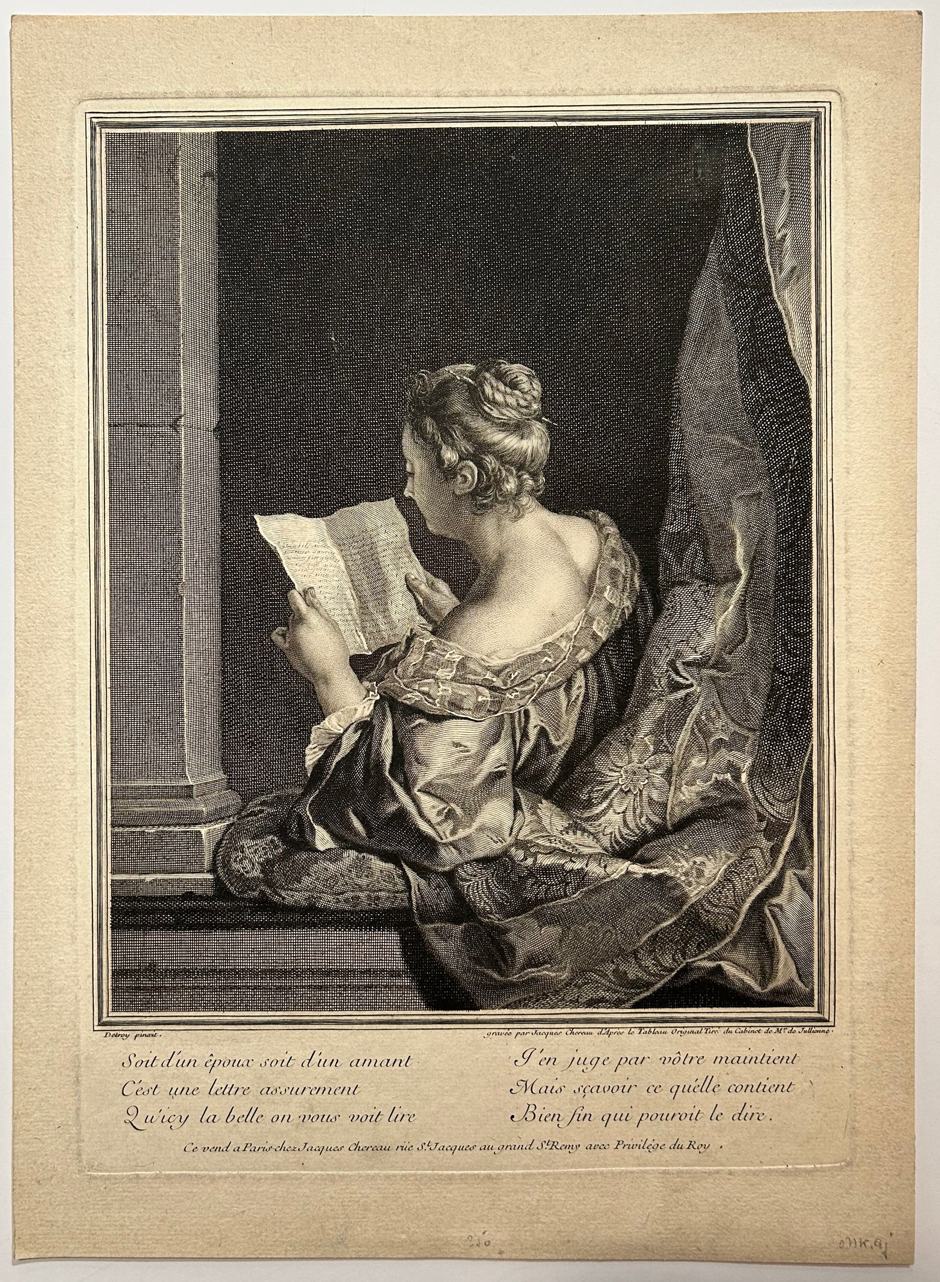 Jacques CHEREAU - Femme lisant. Gravure à l'eau-forte et au burin d'après le tableau de Jean-François de Troy (1645 † 1730). 