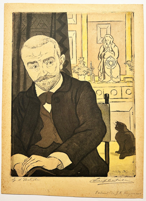 Eugène DELÂTRE - Portrait de J. K. Huysmans. 1894. Gravure originale à l'eau-forte et à l'aquatinte, imprimée en couleurs, signée par l'artiste. 