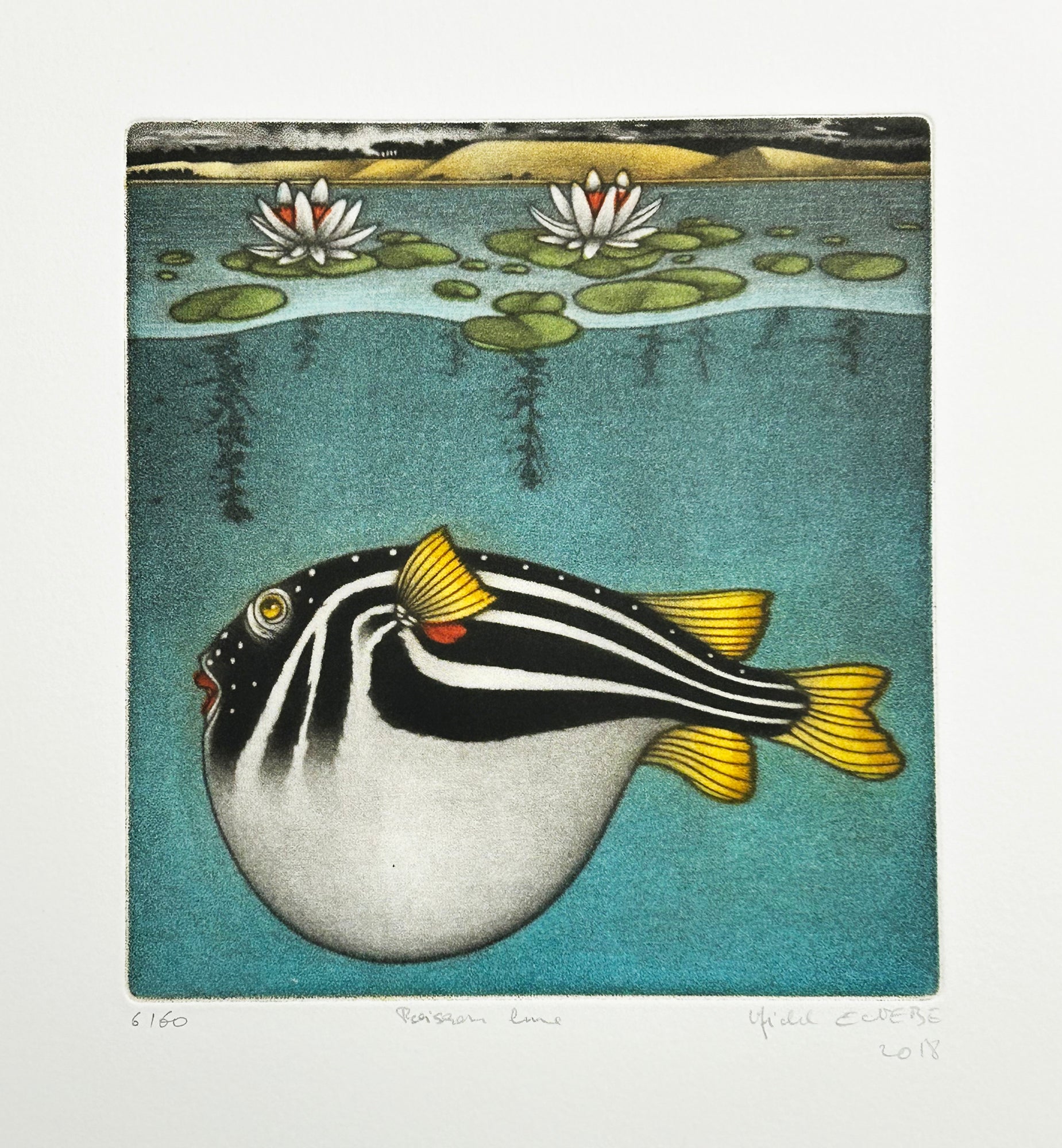Michel ESTEBE - Poisson lune.  2018. Manière noire originale, imprimée en couleurs, signée. 