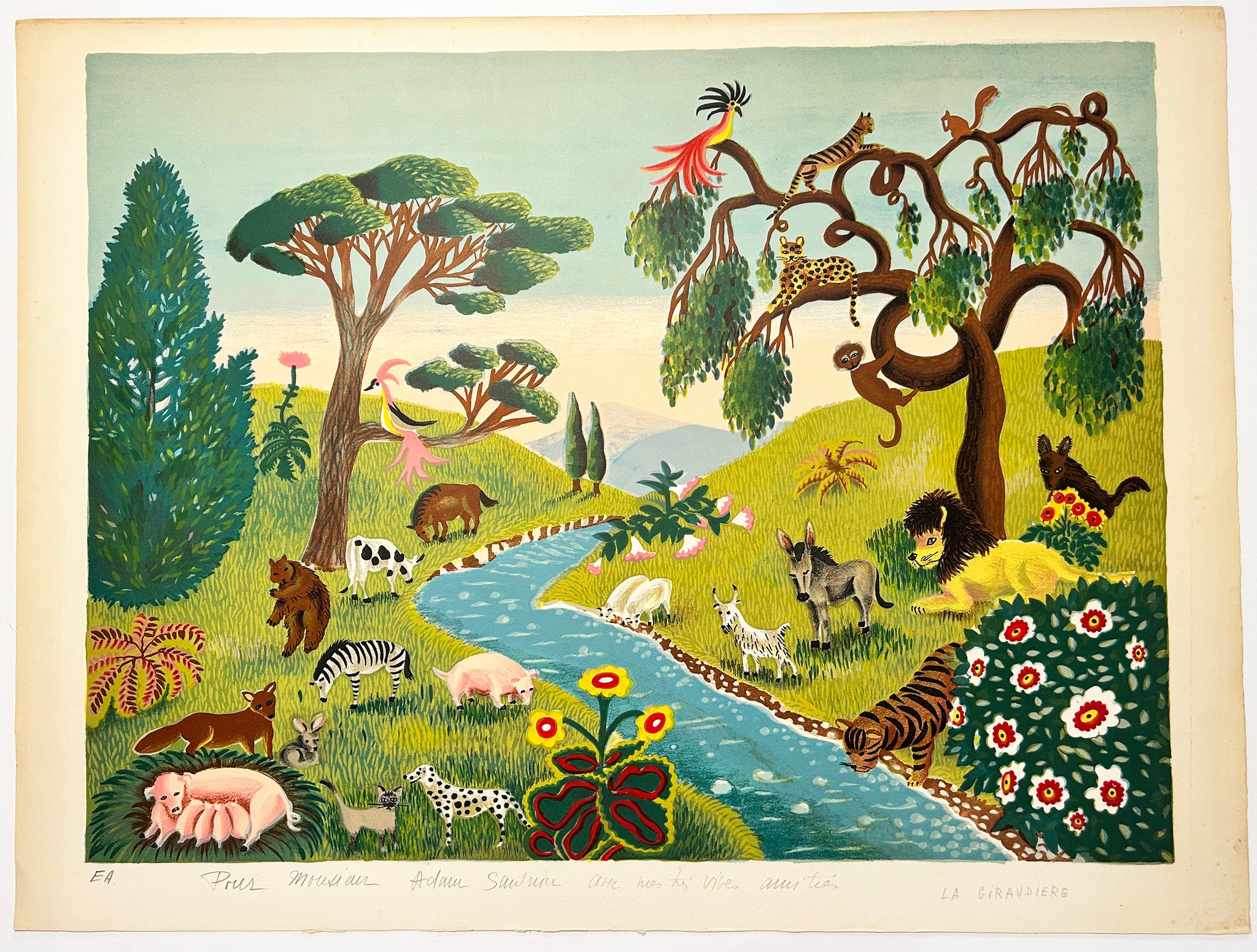 Mady de LA GIRAUDIERE - La paradis des animaux.  c.1970. Lithographie originale, imprimée en couleurs. 