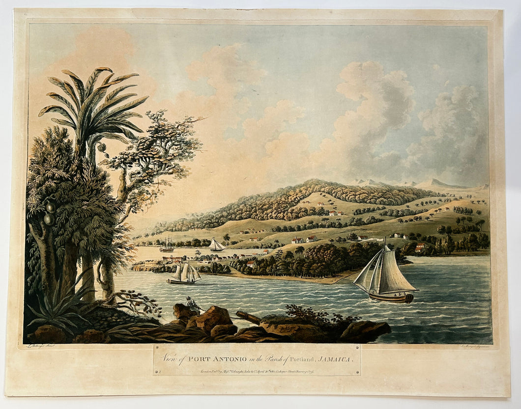 View of Port Antonio in the Parish of Portland, Jamaïca. Vue de Port Antonio dans la paroisse de Portland, Jamaïque. 1800.