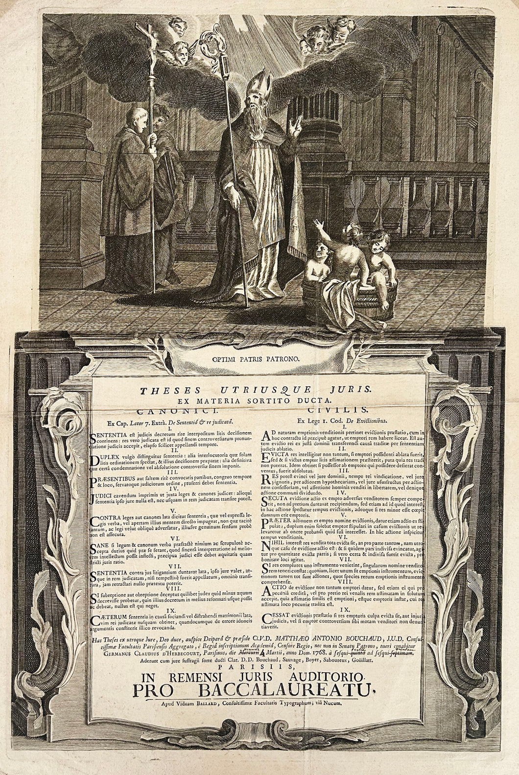 Theses utriusque juris. [Thèse de doctorat de la Faculté de droit de Paris de Germain Claude d’Herbecourt].  1768.