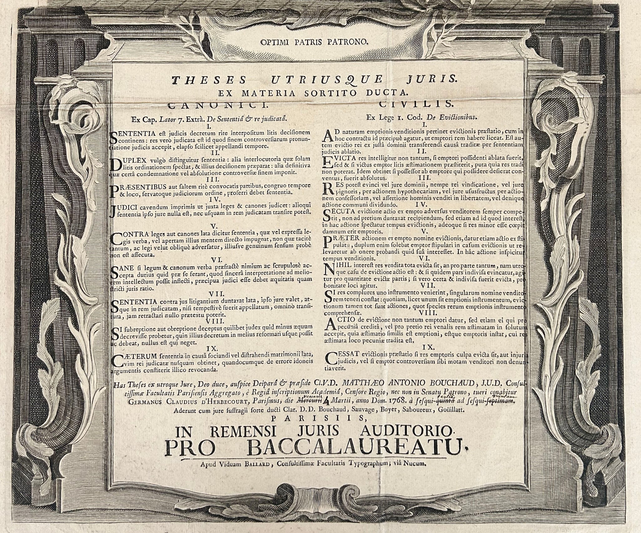 Theses utriusque juris. [Thèse de doctorat de la Faculté de droit de Paris de Germain Claude d’Herbecourt].  1768.