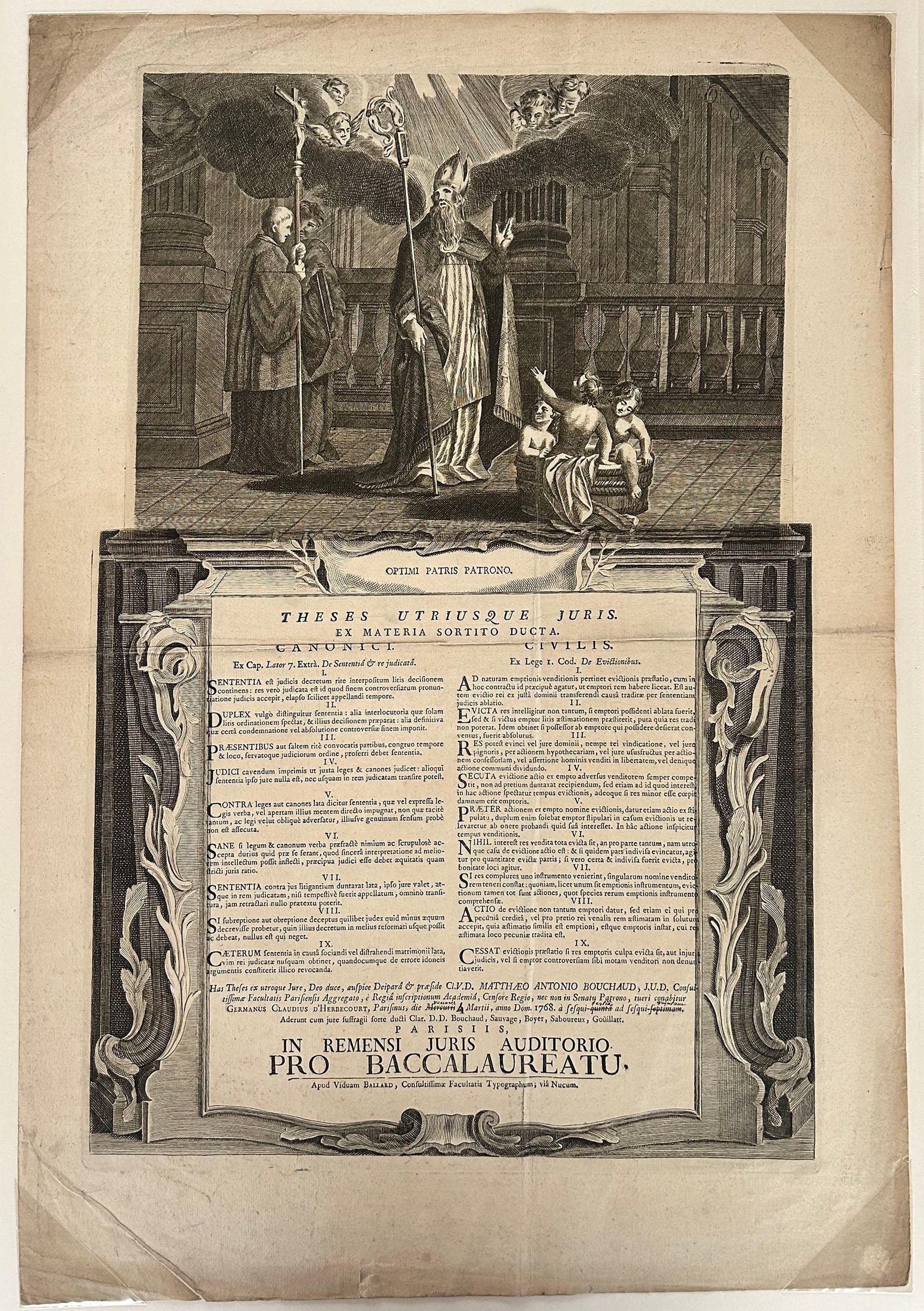 Theses utriusque juris. [Thèse de doctorat de la Faculté de droit de Paris de Germain Claude d’Herbecourt].  1768.