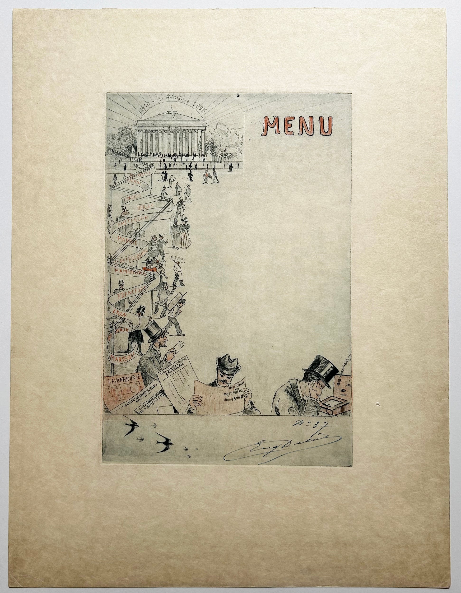 Eugène DELÂTRE - [Feuille de Menu].  c.1895. Eau-forte originale, imprimée en couleurs au repérage, signée.