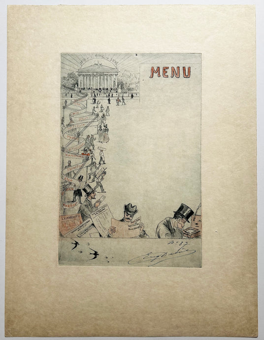 Eugène DELÂTRE - [Feuille de Menu].  c.1895. Eau-forte originale, imprimée en couleurs au repérage, signée.