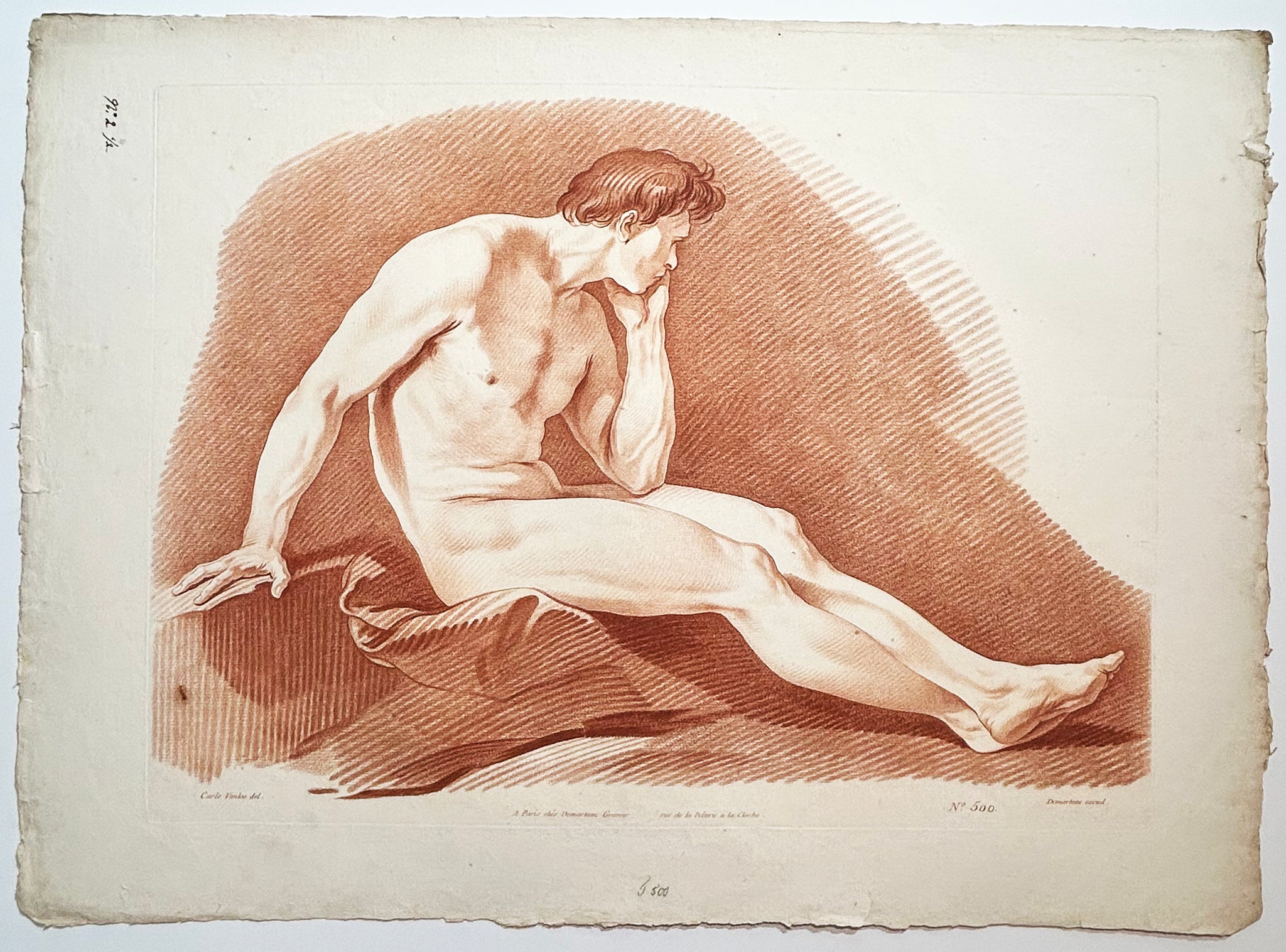 Gilles DEMARTEAU l'aîné - Homme nu, assis de profil à droite sur une pierre.  [Académie d'homme]. Gravure à la manière du crayon d'après Carle Van Loo (Nice 1705 † Paris 1765), imprimée à la sanguine. 