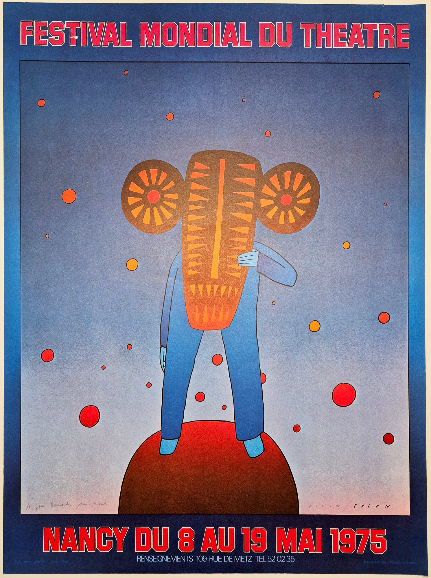 Jean-Michel FOLON - Affiche pour le Festival mondial du théâtre à Nancy. 1975. Impression offset. 